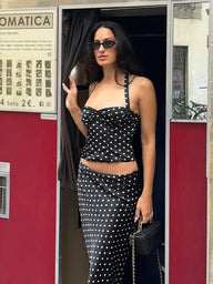 Conjunto Camila: Top Halter Crop com Bolinhas + Saia Maxi