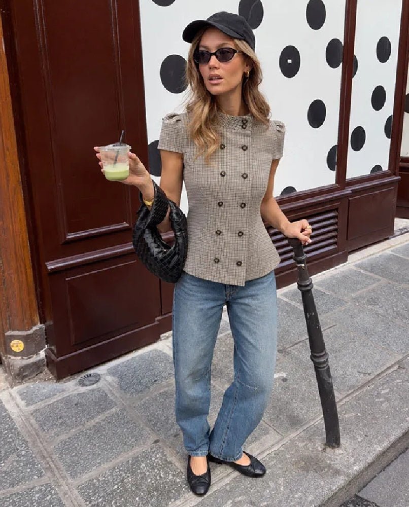 SOKYND Carla High Neck Plaid Fitted Blouse BlouseSOKYND-114967-GRE-L-41143GreyL
