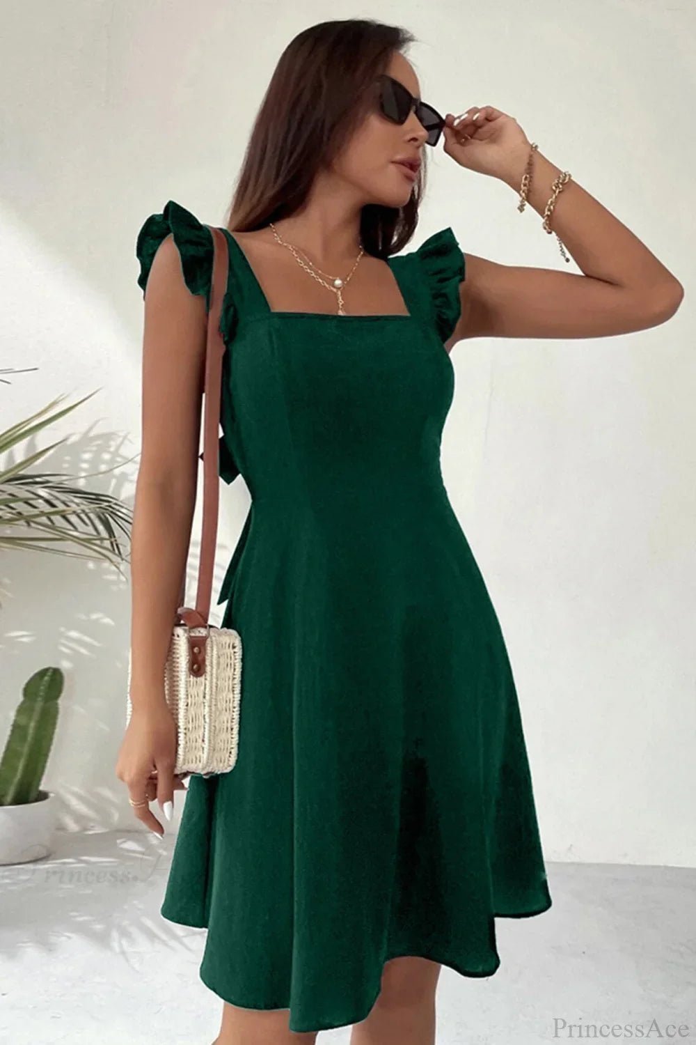 SOKYND Carmen Ruffle Tie-Back Mini Dress DressSOKYND-149015-DAR-XS-83255Dark GreenXS