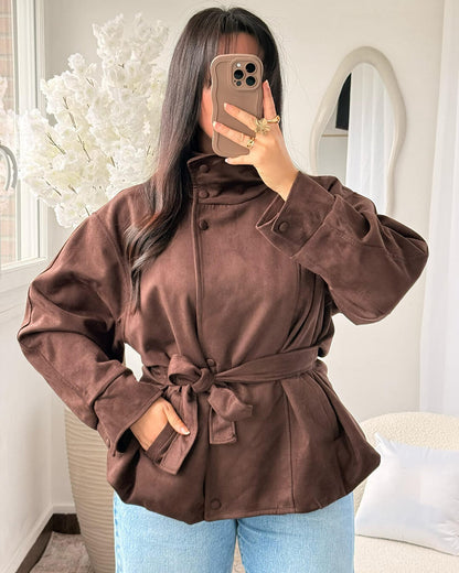 SOKYND Clara Funnel Faux Suede Trench Coat CoatSOKYND-526359-BRO-M-63575BrownM