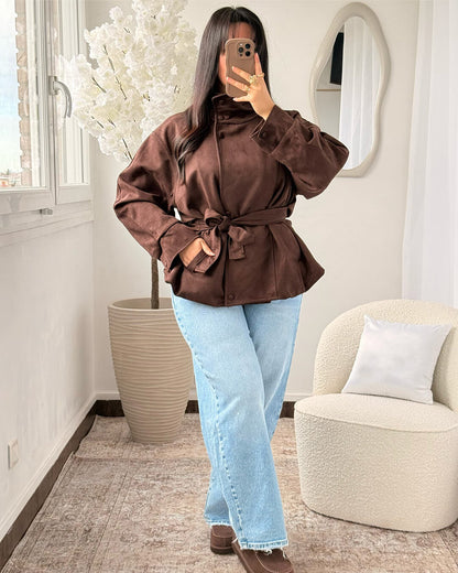 SOKYND Clara Funnel Faux Suede Trench Coat CoatSOKYND-526359-BRO-S-30807BrownS