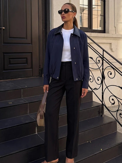 SOKYND Daniela Contrast Collar Bomber Jacket JacketSOKYND-140183-NAV-XS-96375NavyXS