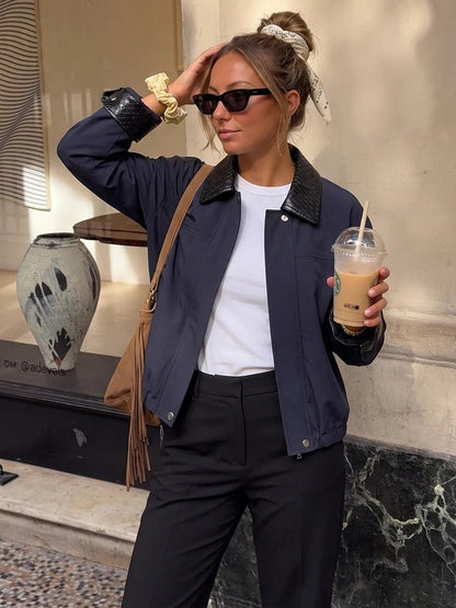SOKYND Daniela Contrast Collar Bomber Jacket JacketSOKYND-140183-NAV-XS-96375NavyXS