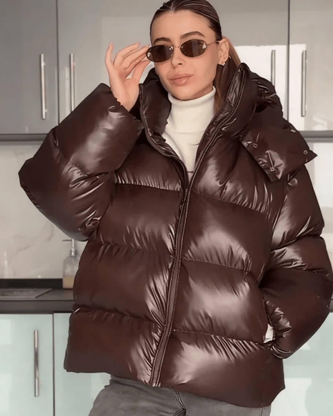 SOKYND Davina Hooded Puffer Jacket in Chocolate