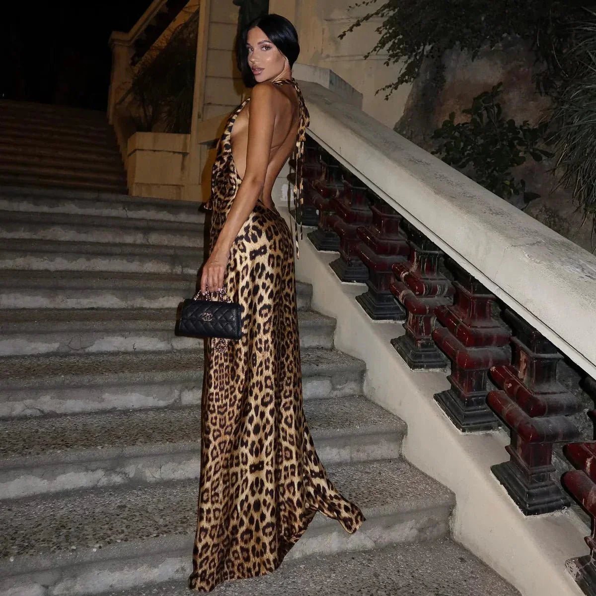 SOKYND Diana Leopard Print Halter Backless Maxi Dress DressLeopardS