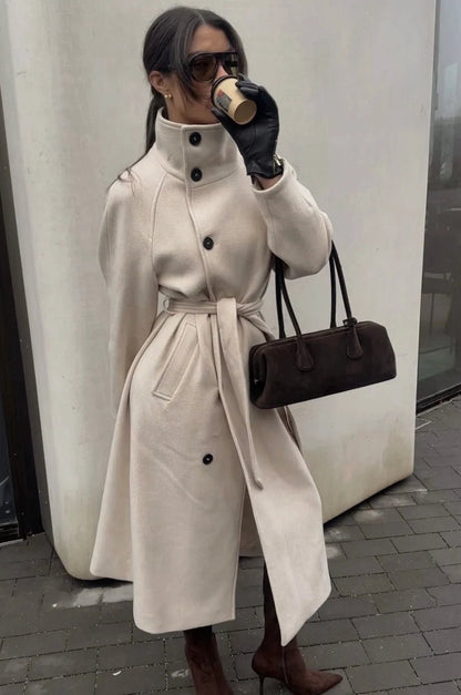 SOKYND Dolly Long Belted High Collar Coat Coats & JacketsBeigeS