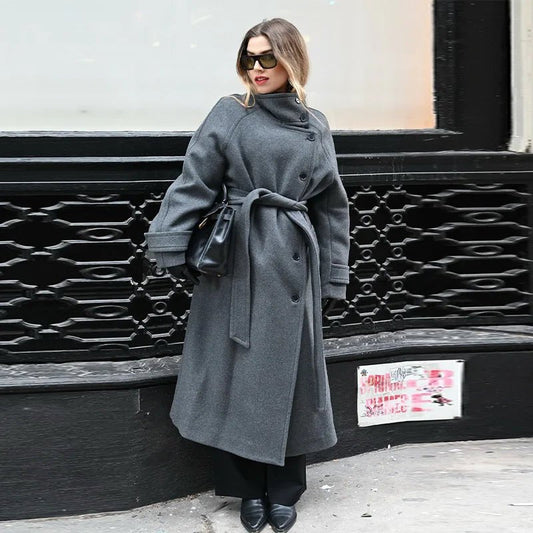 SOKYND Dolly Long Belted High Collar Coat Coats & Jacketsxp1767625273837478114GreyL