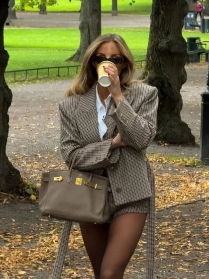 SOKYND Elma Houndstooth Belted Shorts Suit Matching SetsQk1774219786663122219L