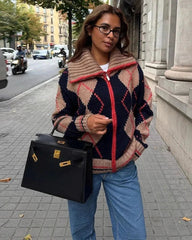Cardigan Emily de Malha Argyle Canelada com Fecho de Correr