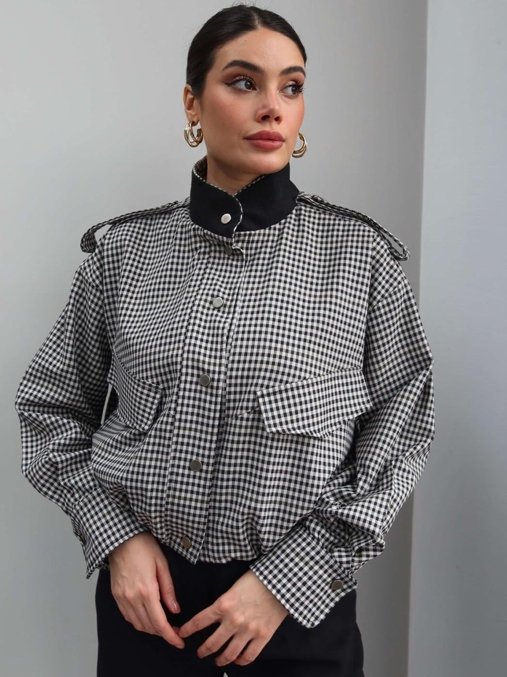 SOKYND Emma High Neck Checked Bomber Jacket JacketSOKYND-266007-XS-OS-92823XS