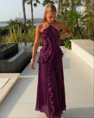 Erica Halter Pleated Ruffle Maxi Dress