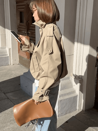 SOKYND Erica High Funnel Neck Cropped Trench Jacket JacketSOKYND-051223-BEI-L-75831BeigeL