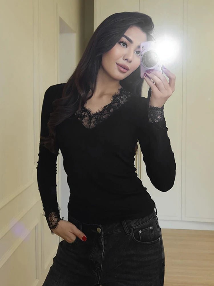 SOKYND Evelyn Lace V-Neck Casual Top TopSOKYND-482135-BLA-L-50295BlackL