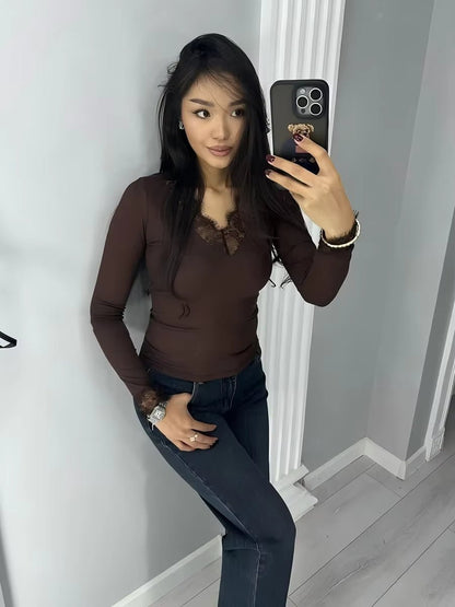SOKYND Evelyn Lace V-Neck Casual Top TopSOKYND-482135-BRO-L-46903BrownL