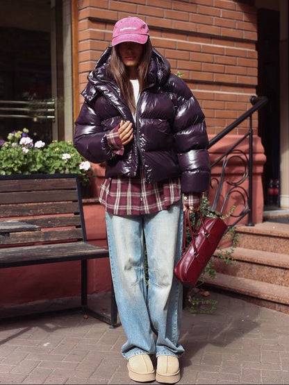 SOKYND Fiona Hooded Glossy Puffer Jacket JacketSOKYND-344727-PUR-M-93399PurpleM