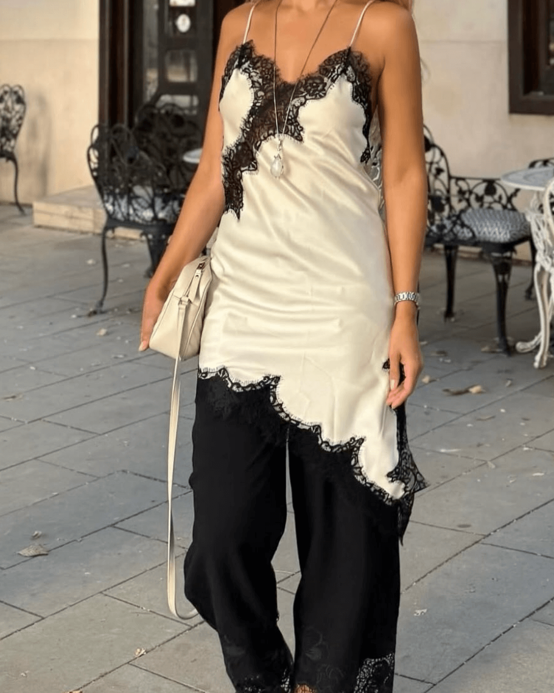 SOKYND Gemma Asymmetric Satin Lace Midi Dress DressSOKYND-663959-BLA-XS-81495Black WhiteXS