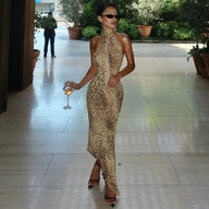Vestido maxi halter Helena leopardo