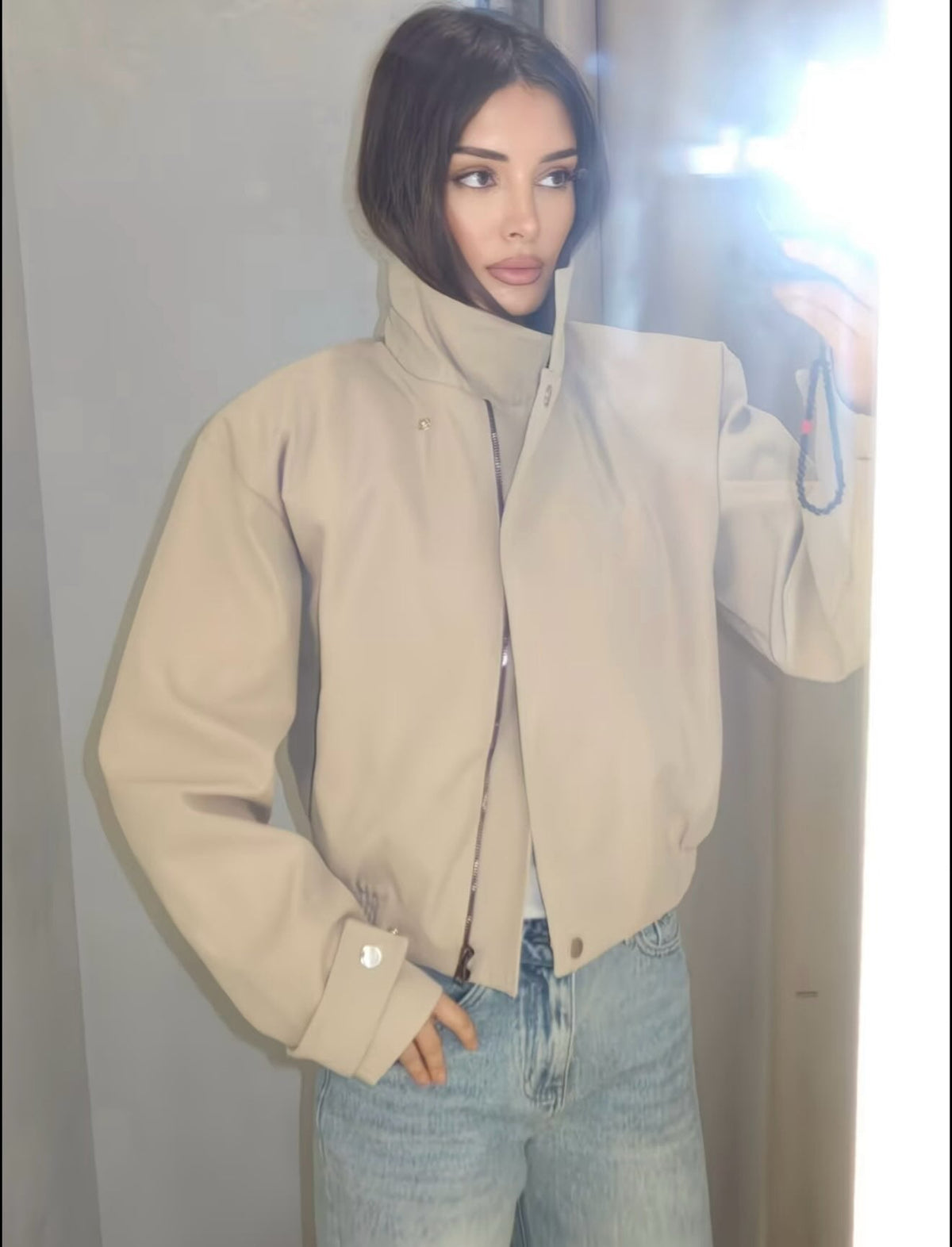 SOKYND Isabel Cropped Bomber Jacket JacketSOKYND-921623-BEI-M-98455BeigeM