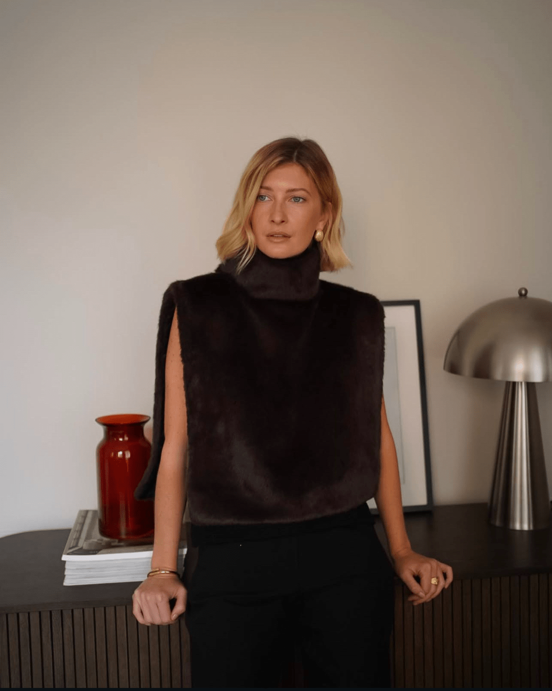 SOKYND Ivonne Faux Fur Turtleneck Vest VestsWJ1767625273836395614BrownM
