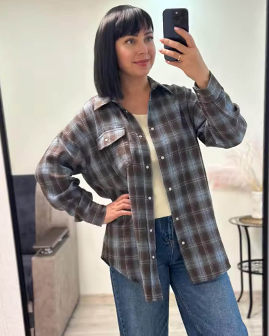 SOKYND Karen Oversized Plaid Shirt BlouseSOKYND-709143-GRA-O-62615Gray BlueOne Size