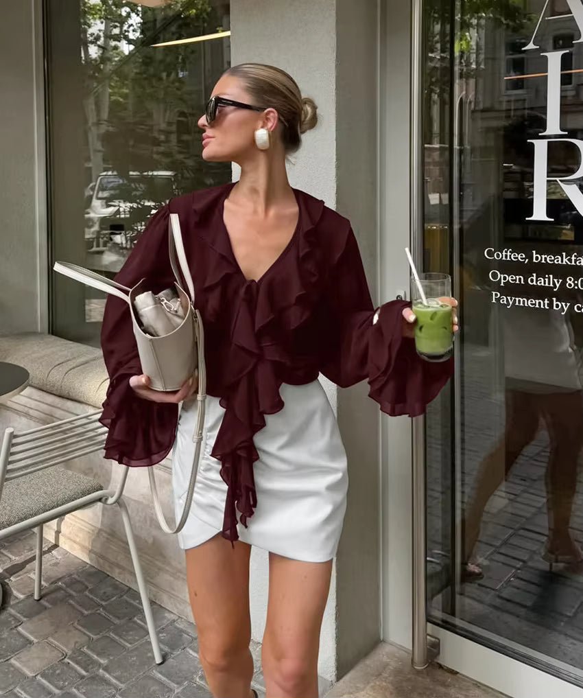 SOKYND Kelly Tie Neck Ruffled Blouse BlouseSOKYND-287383-BUR-L-63159BurgundyL