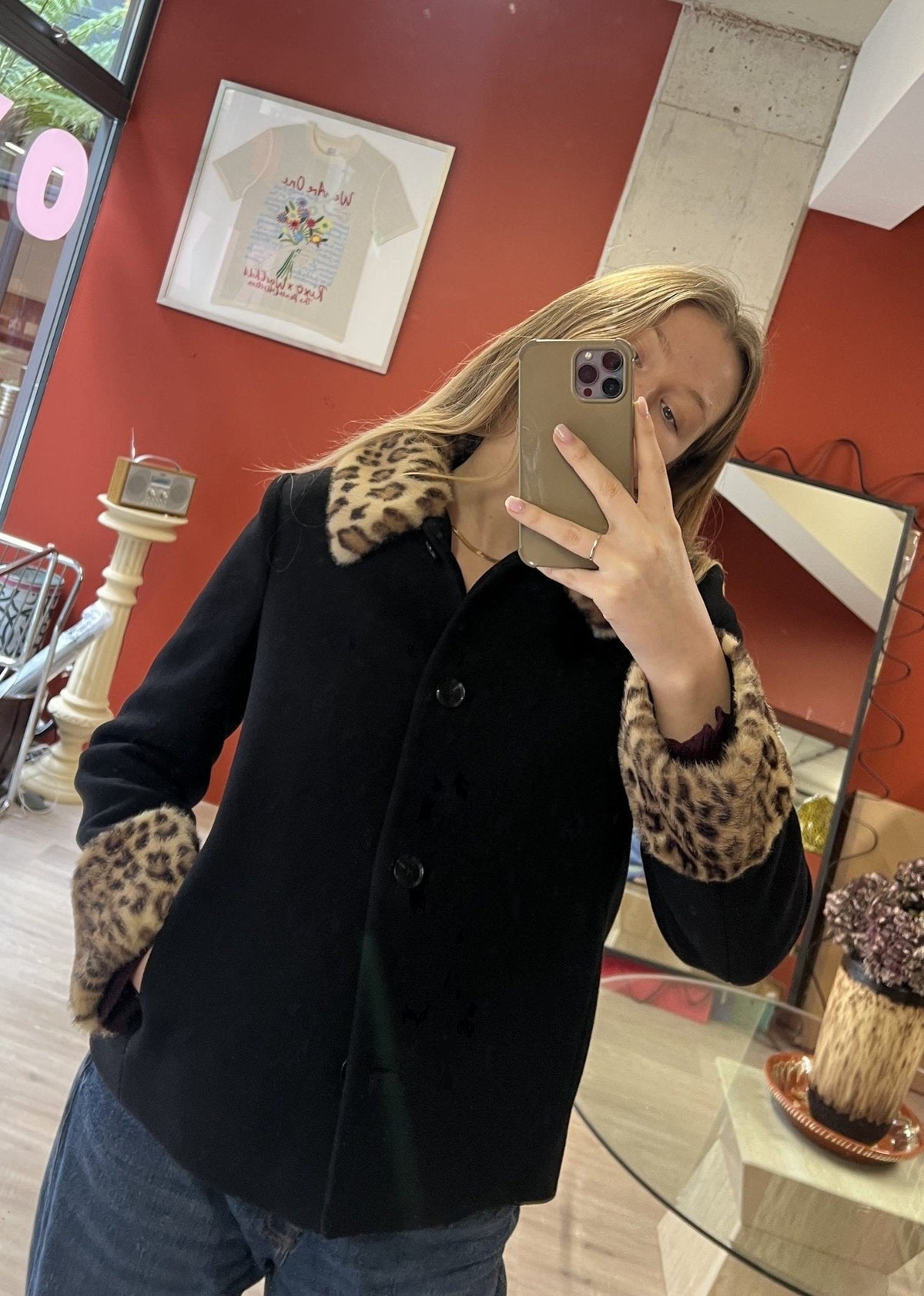 SOKYND Laura Leopard Faux Fur Trim Button-Up Jacket JacketSOKYND-626455-BLA-L-72567BlackL