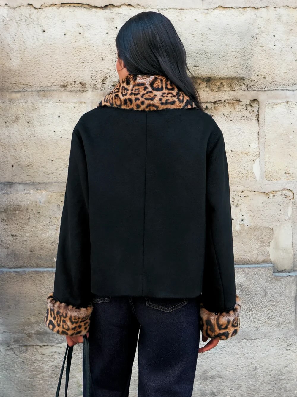 SOKYND Laura Leopard Faux Fur Trim Button-Up Jacket JacketSOKYND-626455-BLA-S-07031BlackS