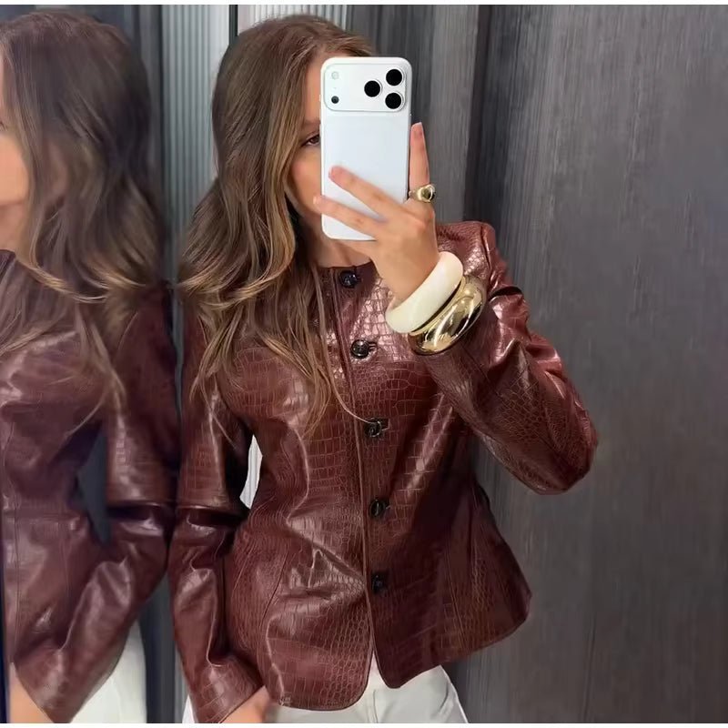 SOKYND Lola Croc Embossed Faux Leather Jacket JacketSOKYND-449943-BRO-L-18679BrownL