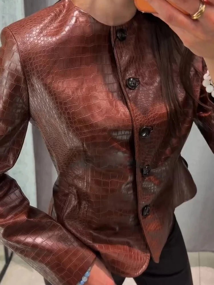 SOKYND Lola Croc Embossed Faux Leather Jacket JacketSOKYND-449943-BRO-S-53143BrownS
