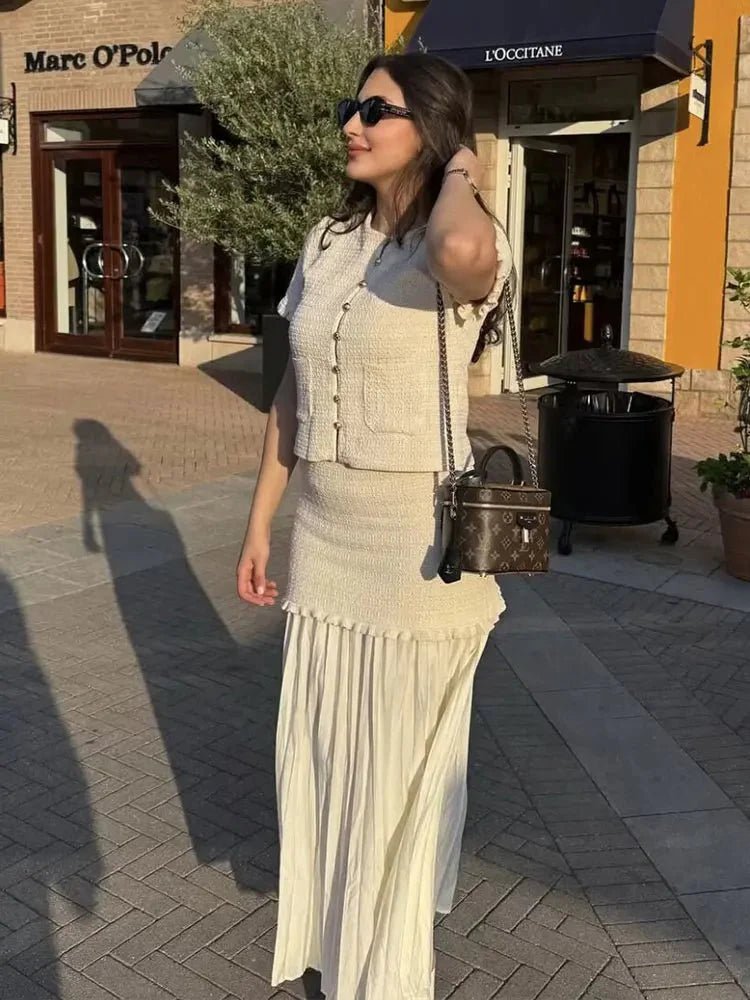 SOKYND Luella Knitted Tank Pleated Skirt Set Matching SetsBeige SetM
