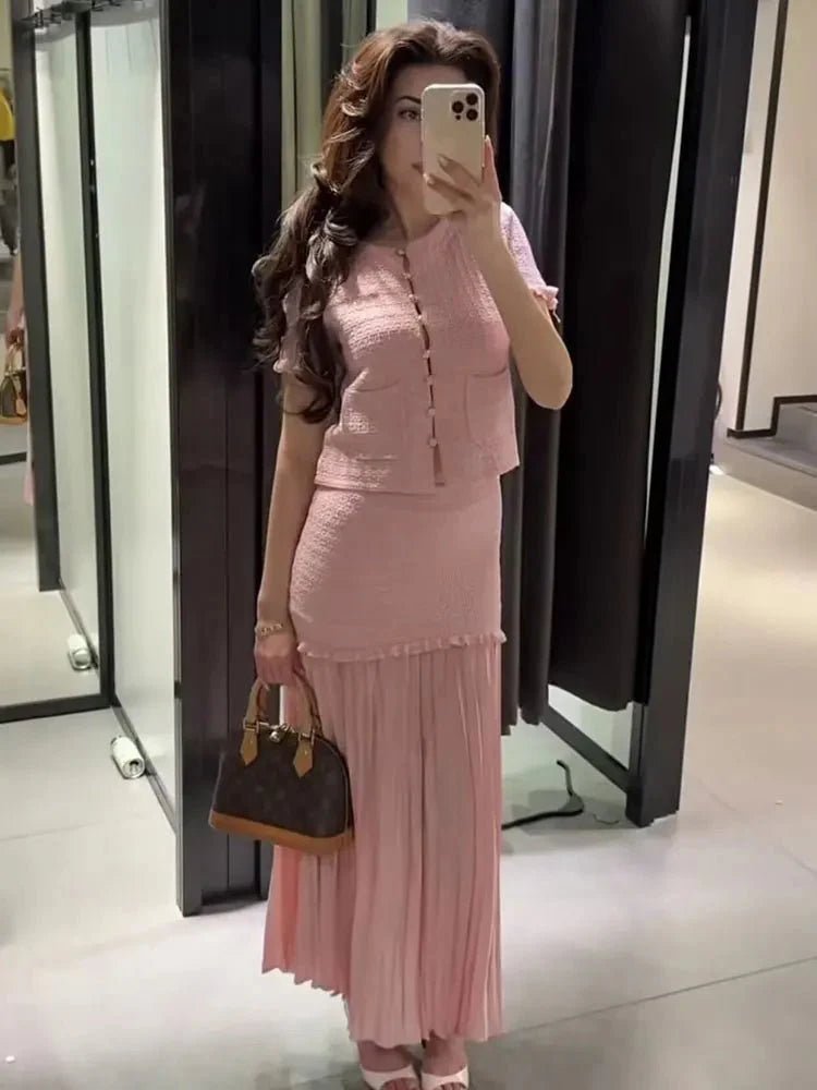 SOKYND Luella Knitted Tank Pleated Skirt Set Matching SetsPink SetM