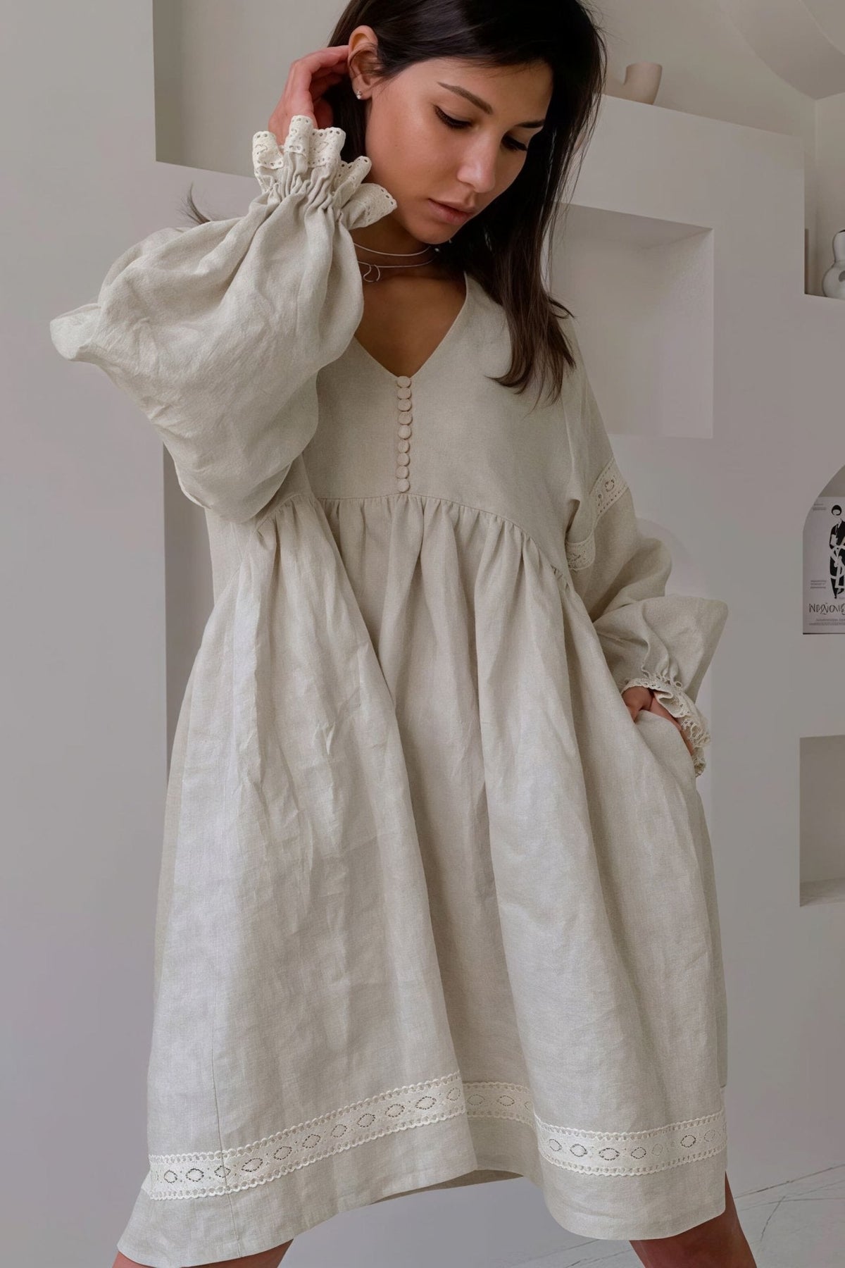 SOKYND Magnolia Cotton Linen V - Neck Lantern Sleeve Mini Dress DressKhakiM