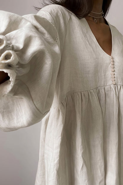 SOKYND Magnolia Cotton Linen V - Neck Lantern Sleeve Mini Dress DressKhakiM