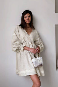 Magnolia Cotton Linen V-Neck Lantern Sleeve Mini Dress