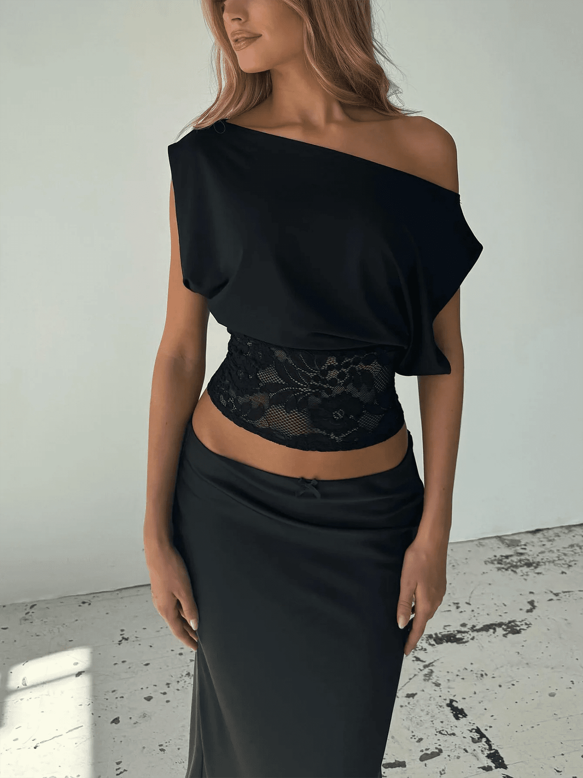 SOKYND Maureen Inclined Shoulder Lace Top TopsDg1772777205901179414BlackS