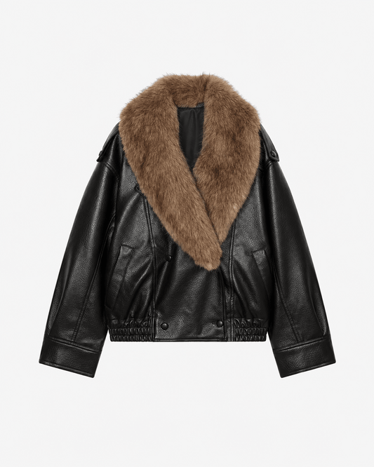 SOKYND Merriame Faux Leather Jacket with Detachable Fur Collar Coats & JacketsBlackS