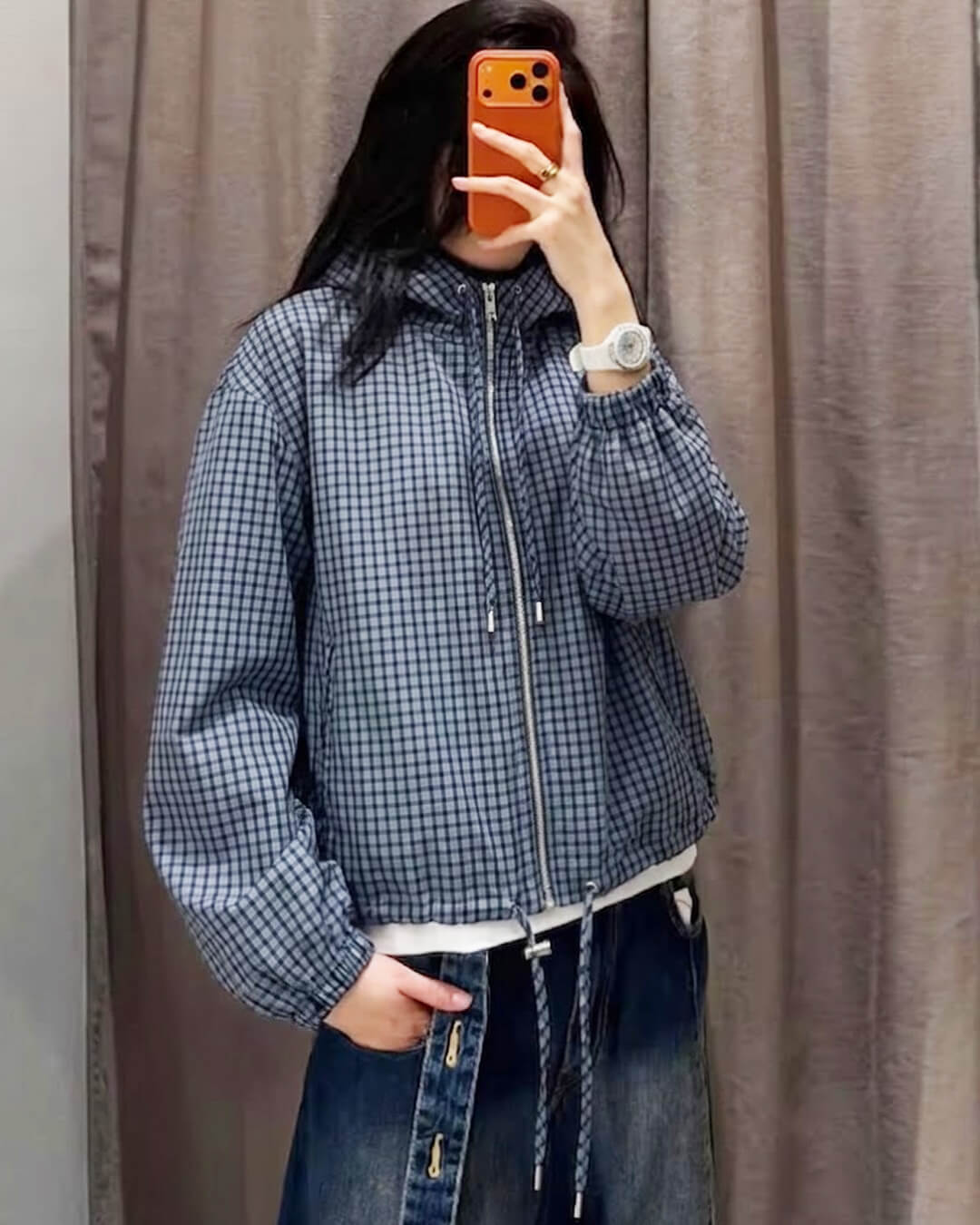 SOKYND Mila Plaid Hooded Cropped Jacket JacketBlueS