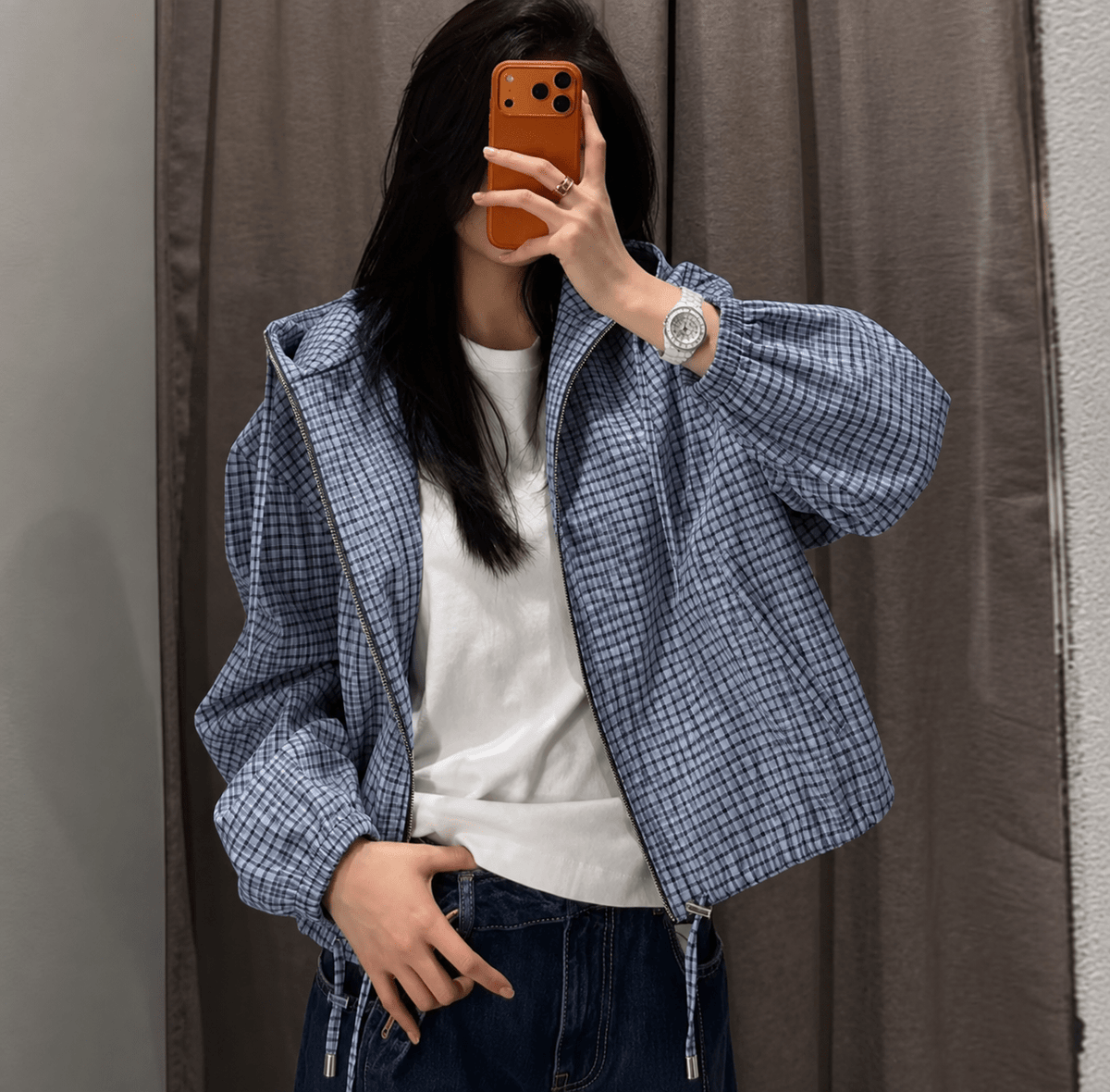 SOKYND Mila Plaid Hooded Cropped Jacket JacketBlueXS