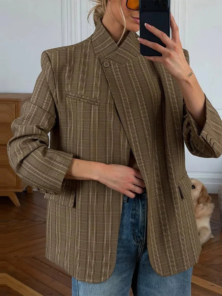 SOKYND Miriam Plaid Stand Collar Blazer JacketSOKYND-167895-BRO-S-55223BrownS