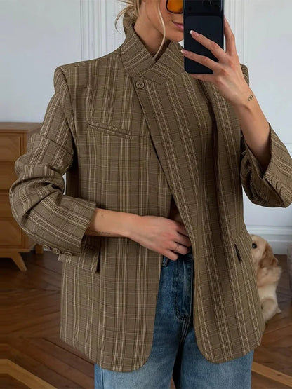 SOKYND Miriam Plaid Stand Collar Blazer JacketSOKYND-167895-BRO-S-55223BrownS