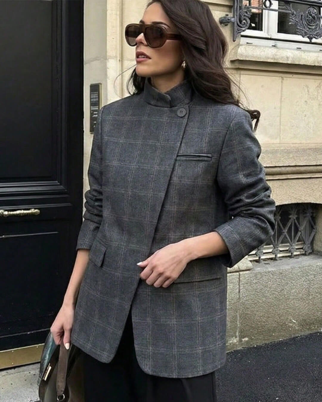 SOKYND Miriam Plaid Stand Collar Blazer JacketGrey PlaidS