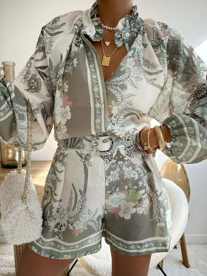 SOKYND Misty Floral Print Long Sleeve Shorts Set Matching Sets1005008984198283-;Ql1774905278707972816GreenS