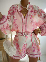 Misty Floral Print Long Sleeve Shorts Set