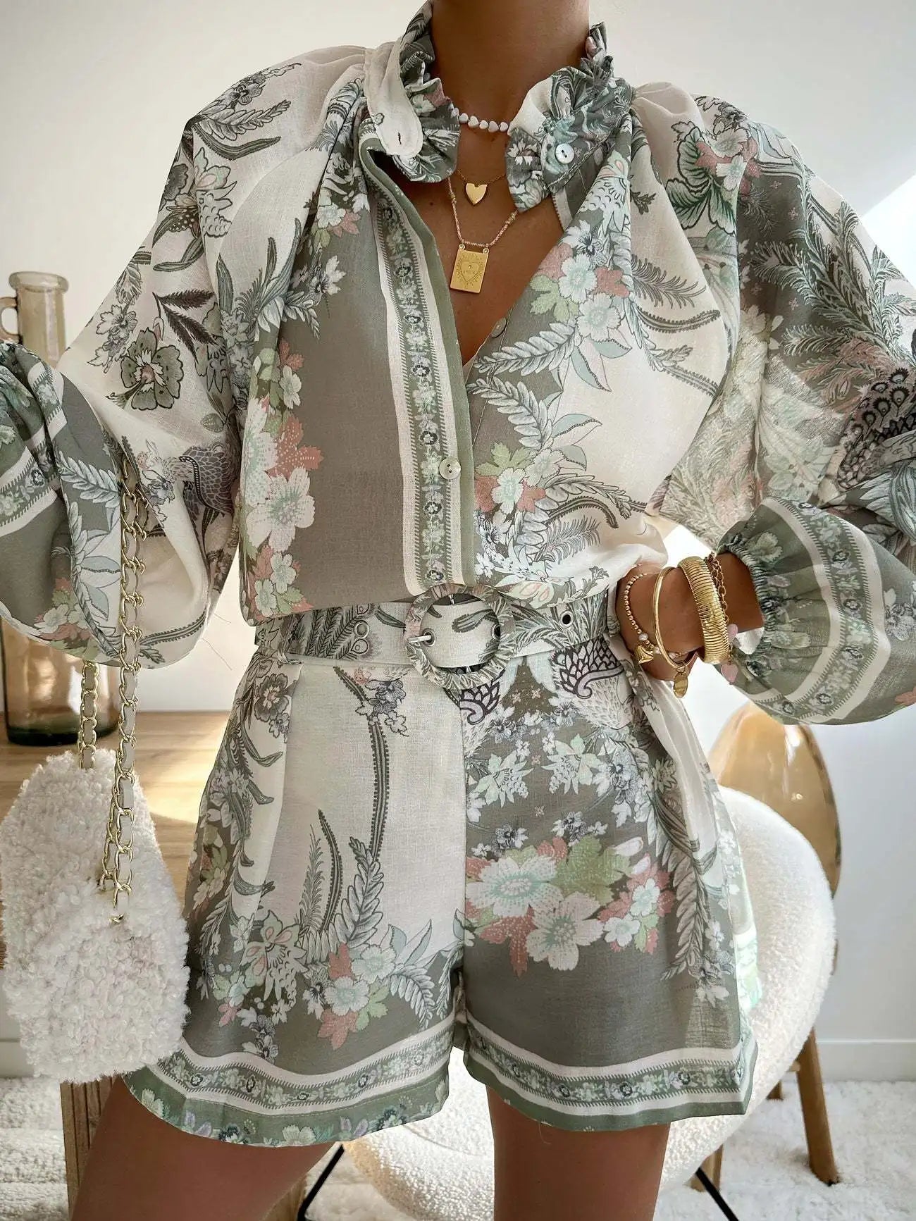 SOKYND Misty Floral Print Long Sleeve Shorts Set Matching Sets1005008984198283-;Ql1774905278707972816GreenS