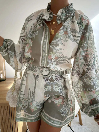 SOKYND Misty Floral Print Long Sleeve Shorts Set Matching Sets1005008984198283-;Qd1774905278707474101PinkS