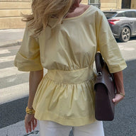 Monica Blusa de Algodão com Folhos e Costas Abertas