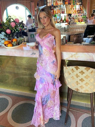 Vestido comprido sem mangas Nancy com folhos