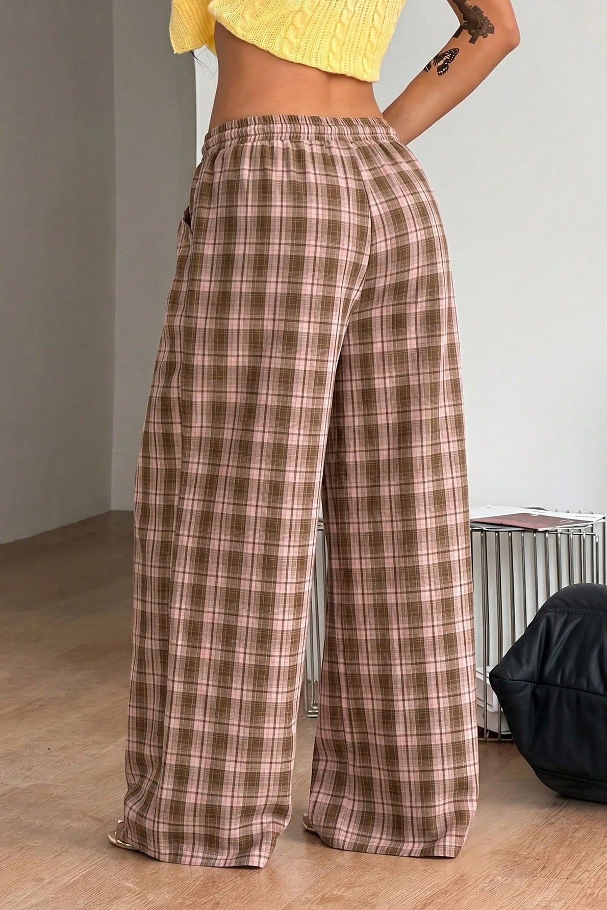 SOKYND Naomi Drawstring Wide Leg Plaid Pants PantsSOKYND-172119-BRO-S-77271BrownS