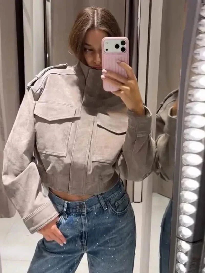 SOKYND Nina Faux Suede Cropped Jacket JacketSOKYND-838551-GRE-L-50647GreyL