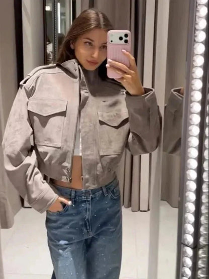 SOKYND Nina Faux Suede Cropped Jacket JacketSOKYND-838551-GRE-L-50647GreyL